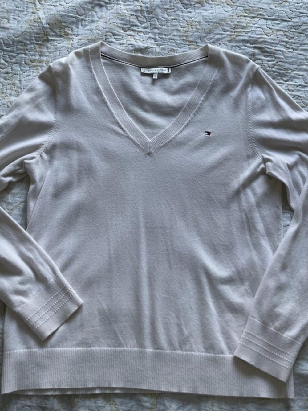 Tommy Hilfiger White Fine Knit V-Neck Sweater